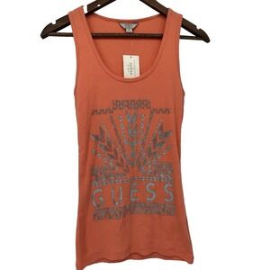Guess Women's Scoop Neck Sleeveless Y2K Orange NWT Tank Top Silver Rhinestone M